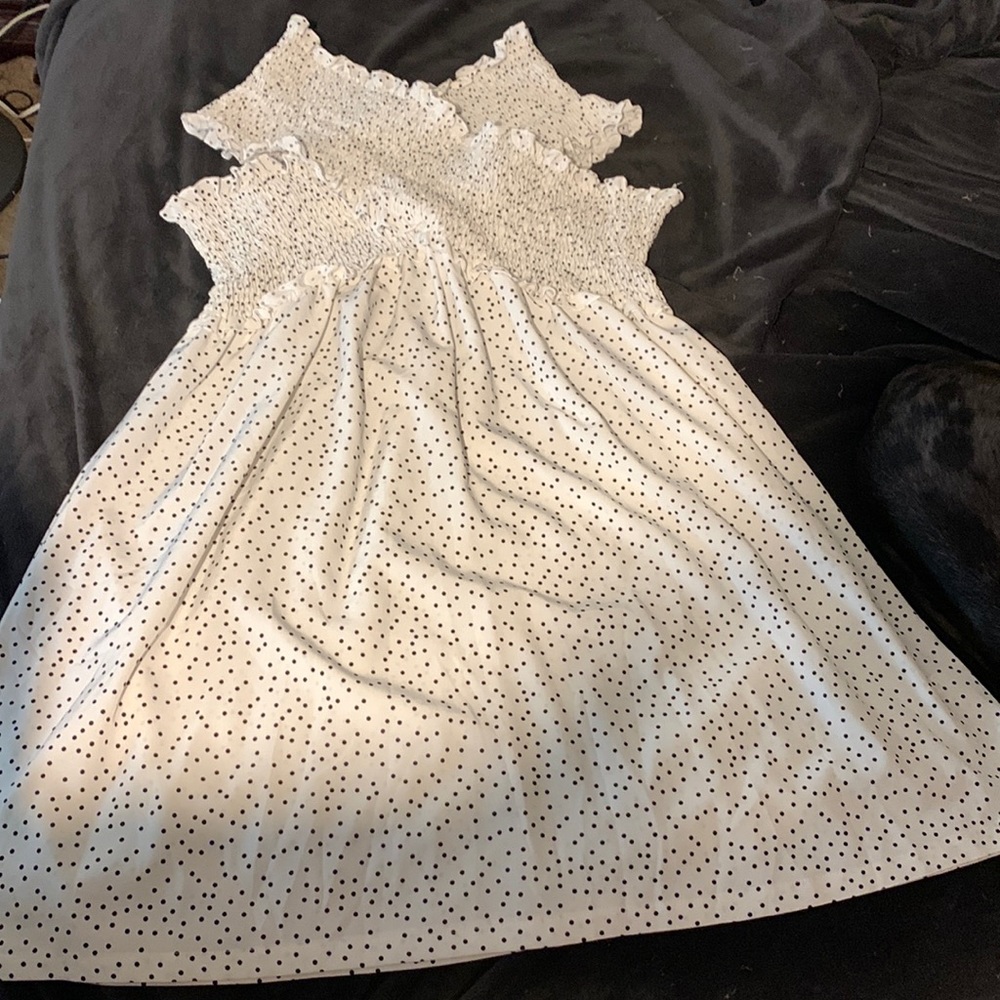 SHEIN white polka dot shirred, cross shoulder dress, size 3XL
